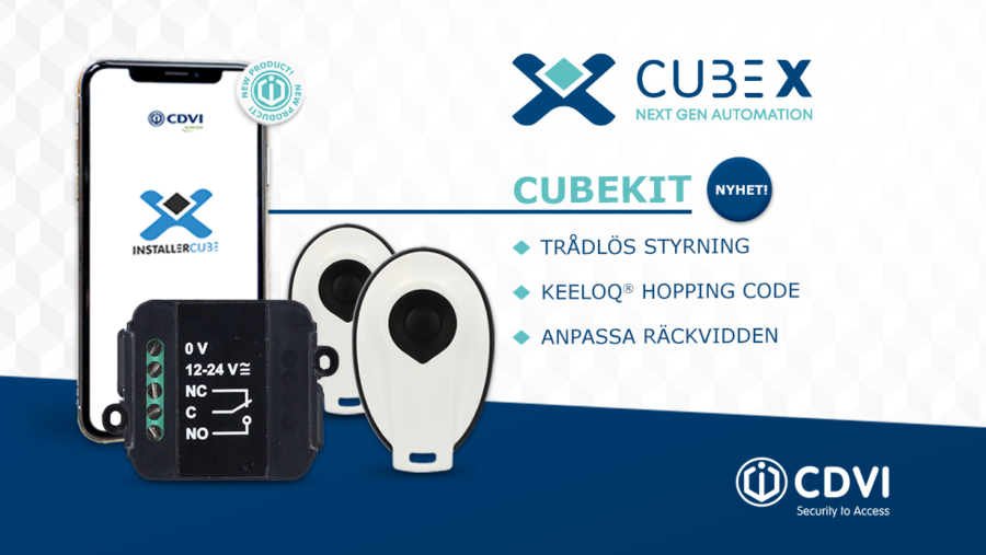 Banner med bild på telefon, två handsändare och en mottagare. Reklam för CUBEKIT