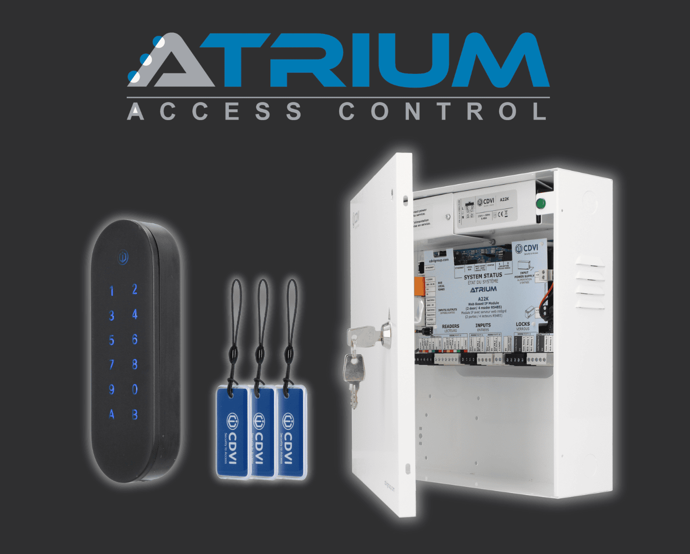 två svarta läsare en centyral och tre taggar som allt tillhör ATRIUM